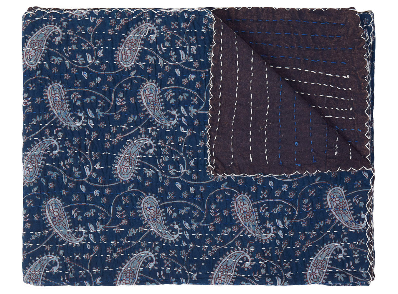 50" X 70" Blue and Gray Kantha Cotton Paisley Throw Blanket with Embroidery-Throws & Blankets-DECOROLALA