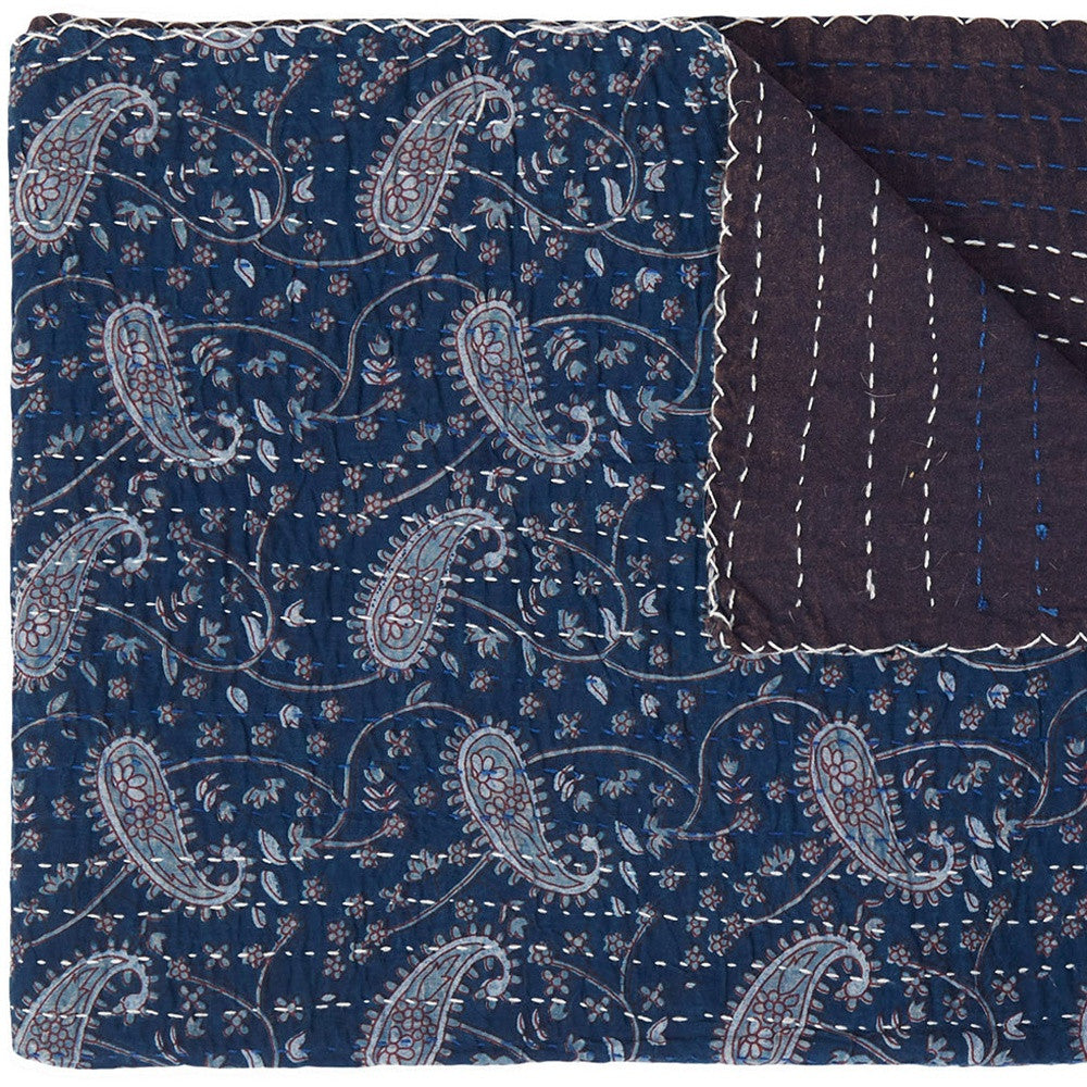 50" X 70" Blue and Gray Kantha Cotton Paisley Throw Blanket with Embroidery-Throws & Blankets-DECOROLALA