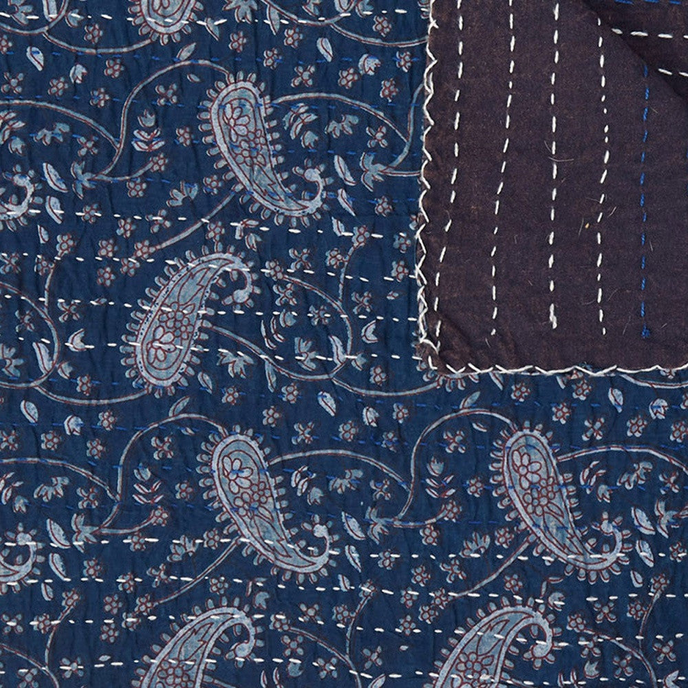 50" X 70" Blue and Gray Kantha Cotton Paisley Throw Blanket with Embroidery-Throws & Blankets-DECOROLALA