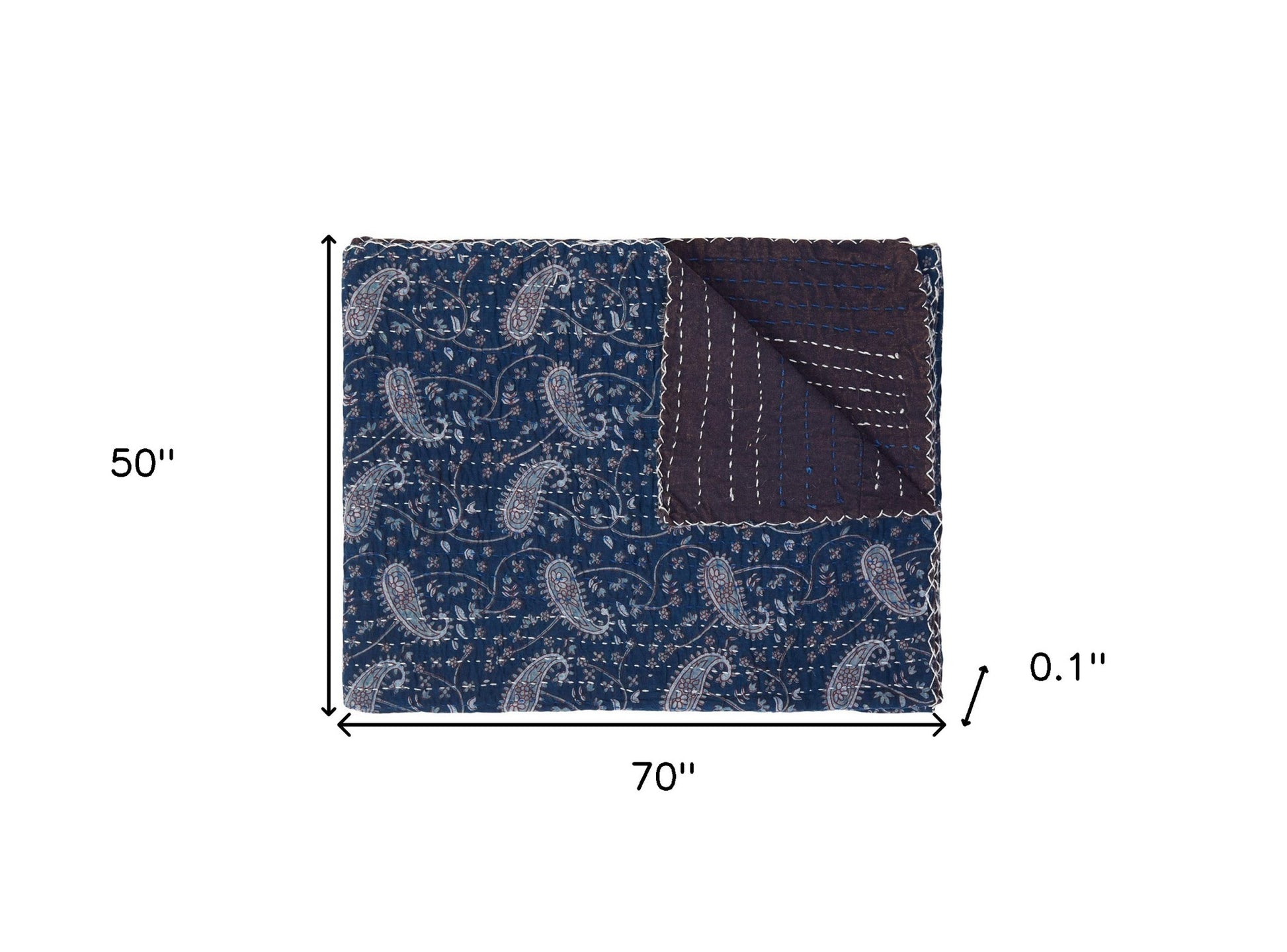 50" X 70" Blue and Gray Kantha Cotton Paisley Throw Blanket with Embroidery-Throws & Blankets-DECOROLALA