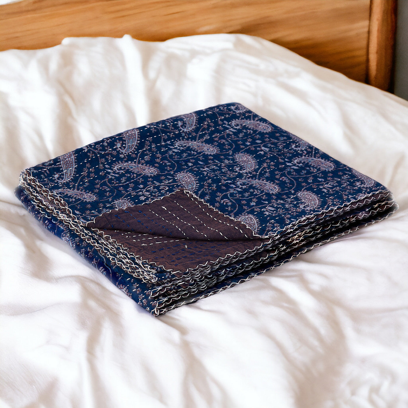 50" X 70" Blue and Gray Kantha Cotton Paisley Throw Blanket with Embroidery-Throws & Blankets-DECOROLALA