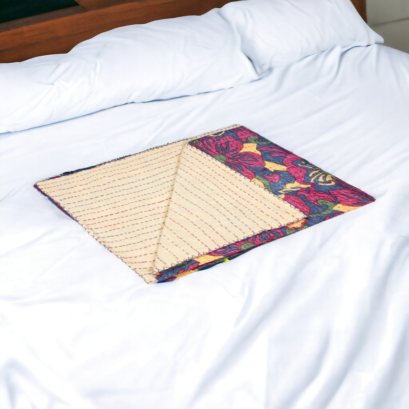 50" X 70" Blue and Pink Kantha Cotton Floral Throw Blanket with Embroidery-Throws & Blankets-DECOROLALA