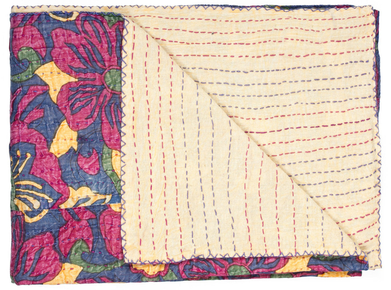 50" X 70" Blue and Pink Kantha Cotton Floral Throw Blanket with Embroidery-Throws & Blankets-DECOROLALA