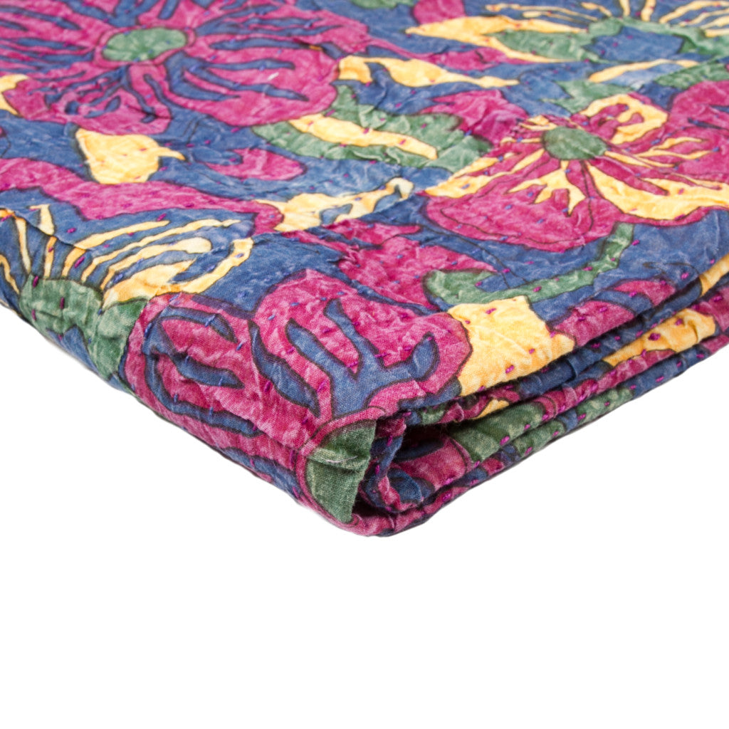 50" X 70" Blue and Pink Kantha Cotton Floral Throw Blanket with Embroidery-Throws & Blankets-DECOROLALA