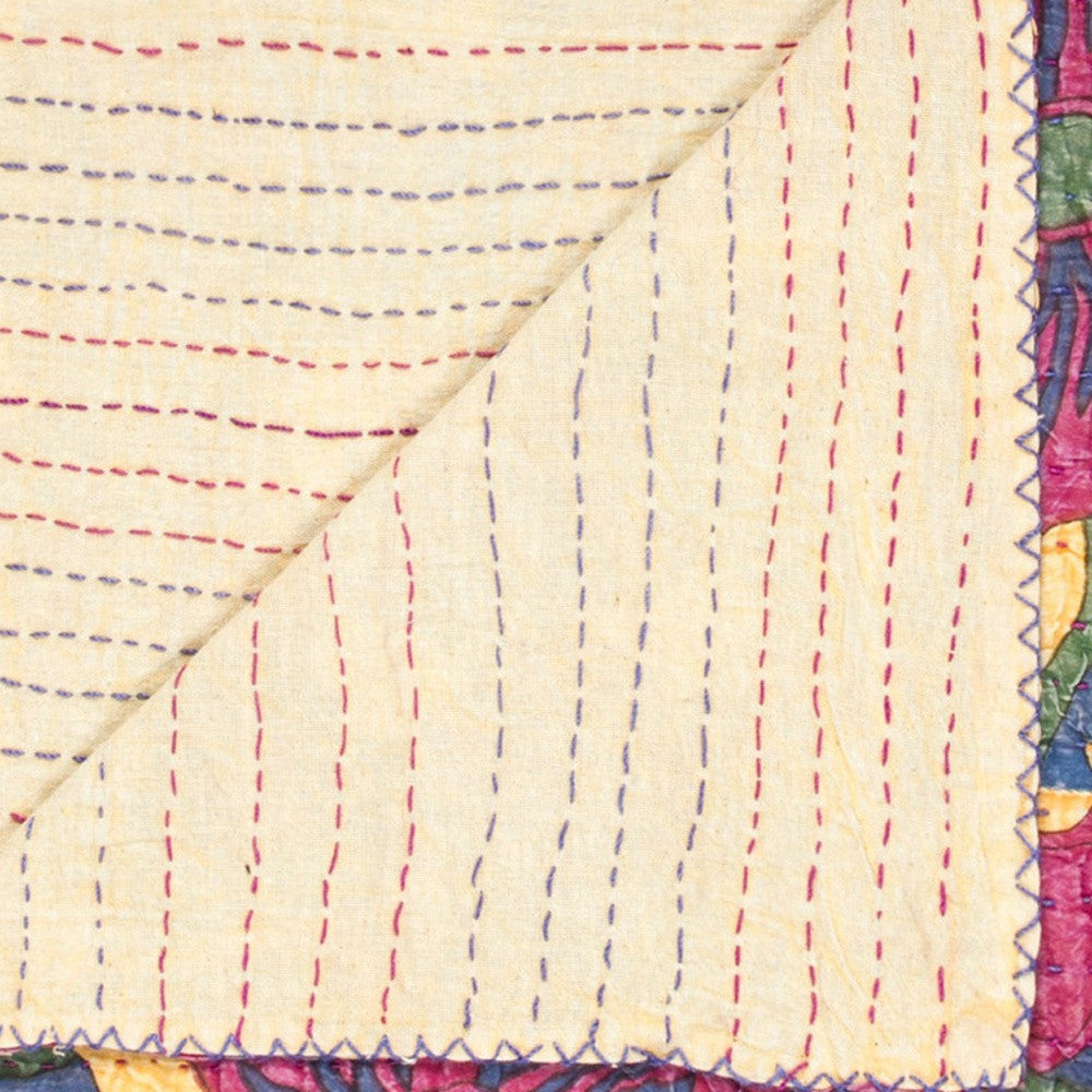 50" X 70" Blue and Pink Kantha Cotton Floral Throw Blanket with Embroidery-Throws & Blankets-DECOROLALA