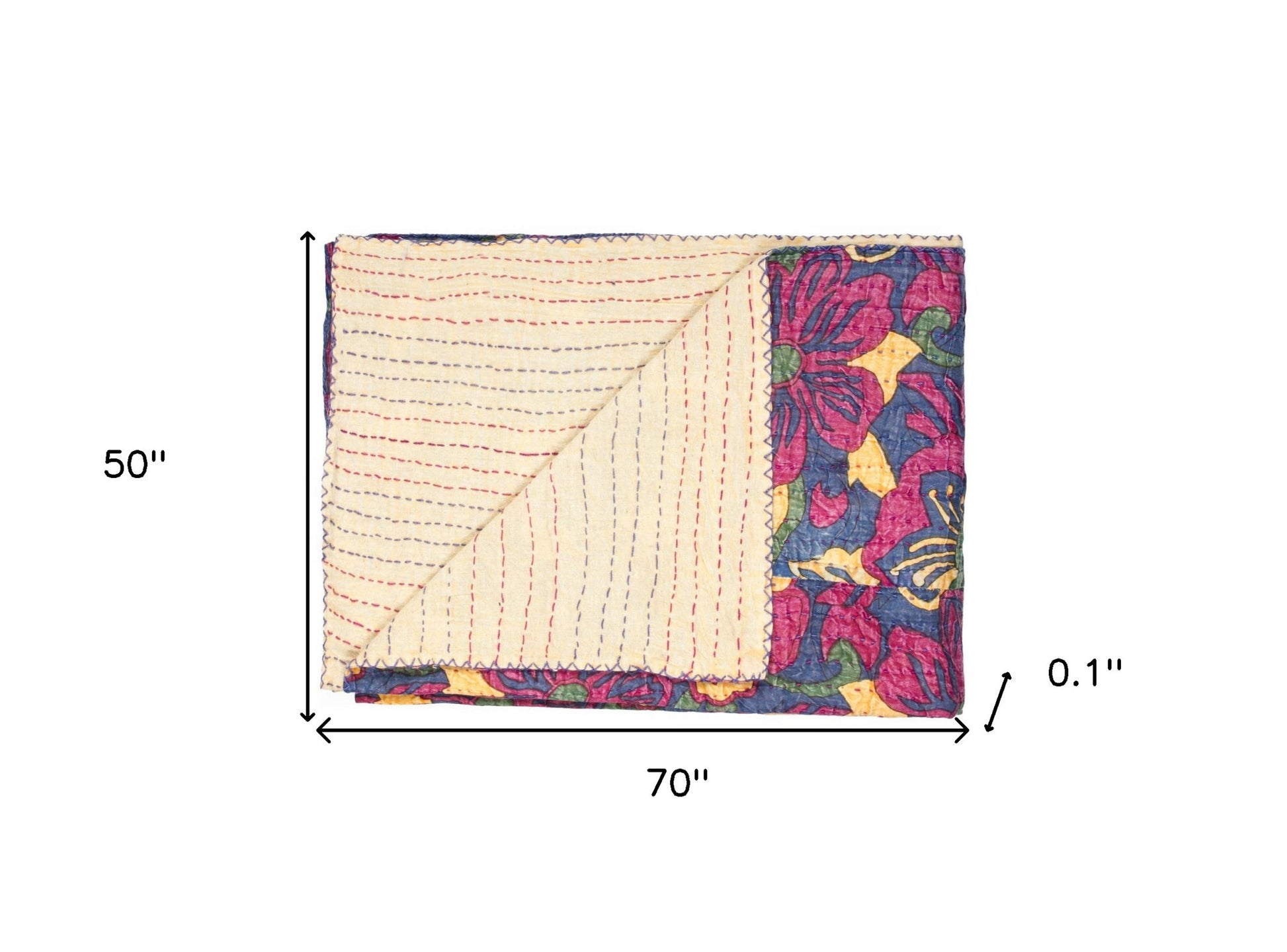 50" X 70" Blue and Pink Kantha Cotton Floral Throw Blanket with Embroidery-Throws & Blankets-DECOROLALA