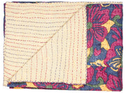 50" X 70" Blue and Pink Kantha Cotton Floral Throw Blanket with Embroidery-Throws & Blankets-DECOROLALA