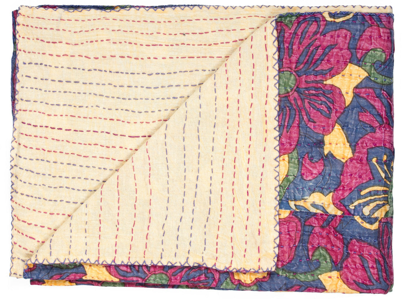 50" X 70" Blue and Pink Kantha Cotton Floral Throw Blanket with Embroidery-Throws & Blankets-DECOROLALA