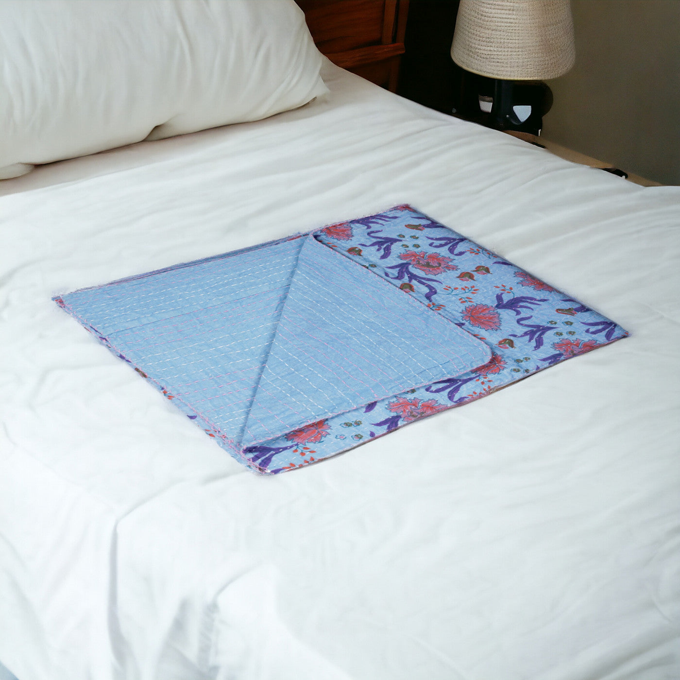 50" X 70" Blue and Purple Kantha Cotton Floral Throw Blanket with Embroidery-Throws & Blankets-DECOROLALA