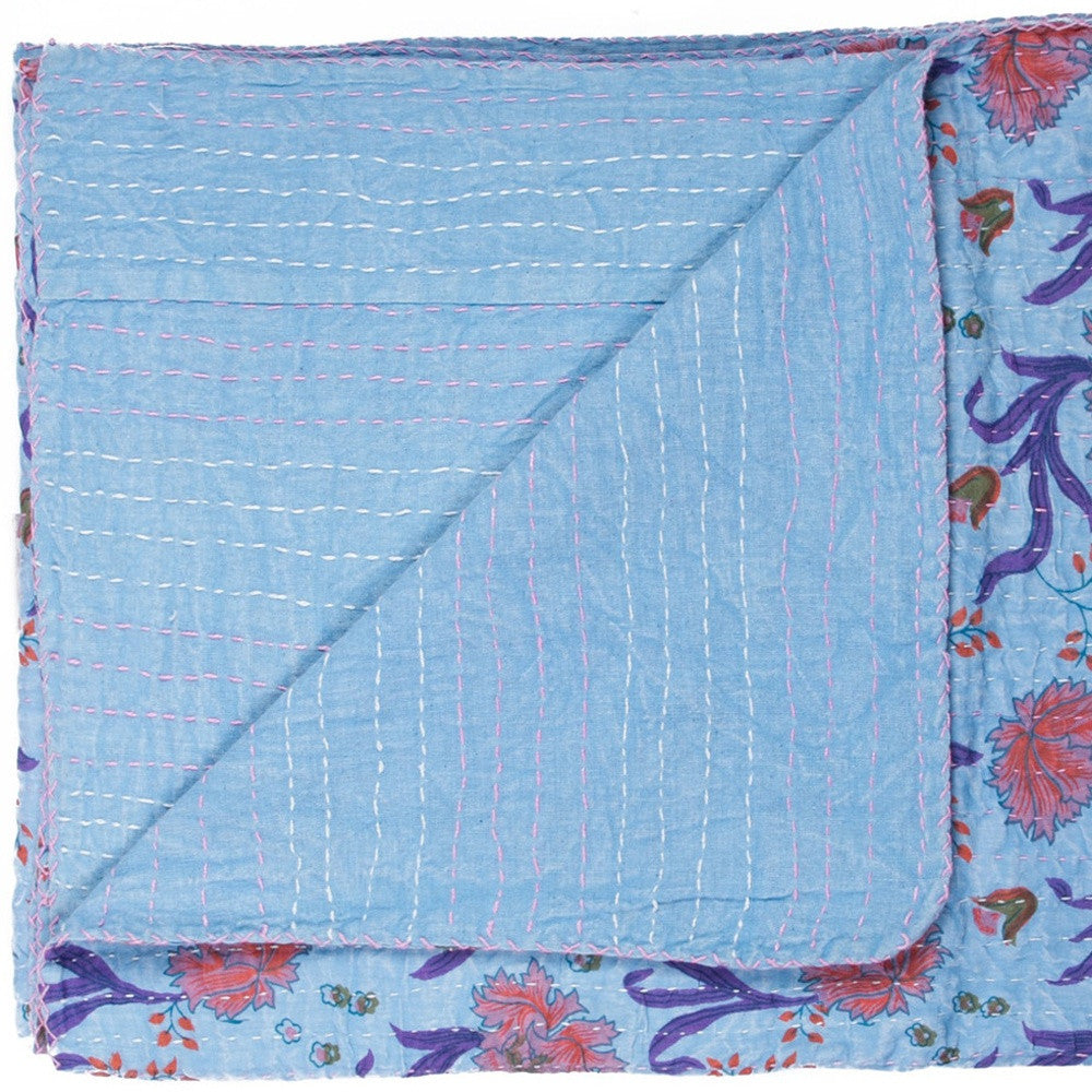 50" X 70" Blue and Purple Kantha Cotton Floral Throw Blanket with Embroidery-Throws & Blankets-DECOROLALA