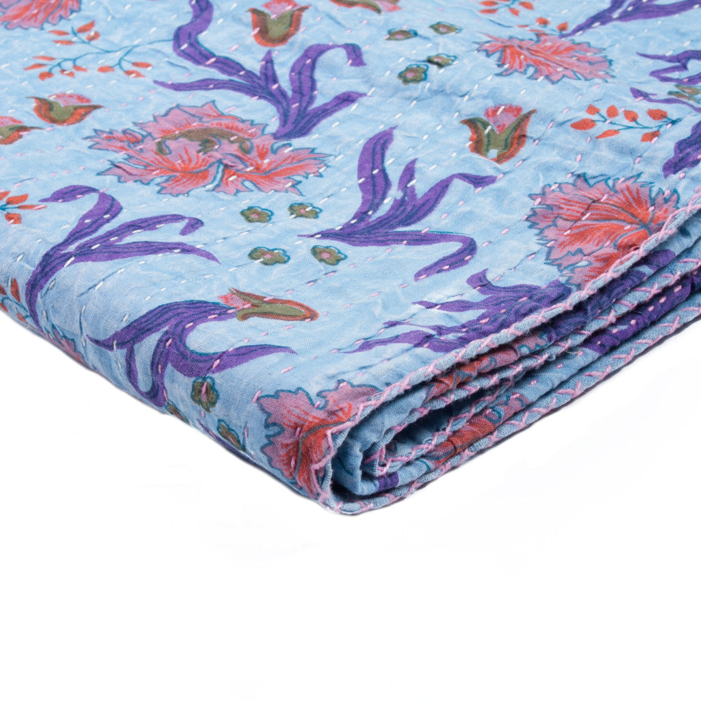 50" X 70" Blue and Purple Kantha Cotton Floral Throw Blanket with Embroidery-Throws & Blankets-DECOROLALA