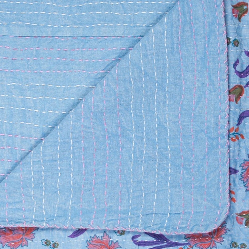 50" X 70" Blue and Purple Kantha Cotton Floral Throw Blanket with Embroidery-Throws & Blankets-DECOROLALA