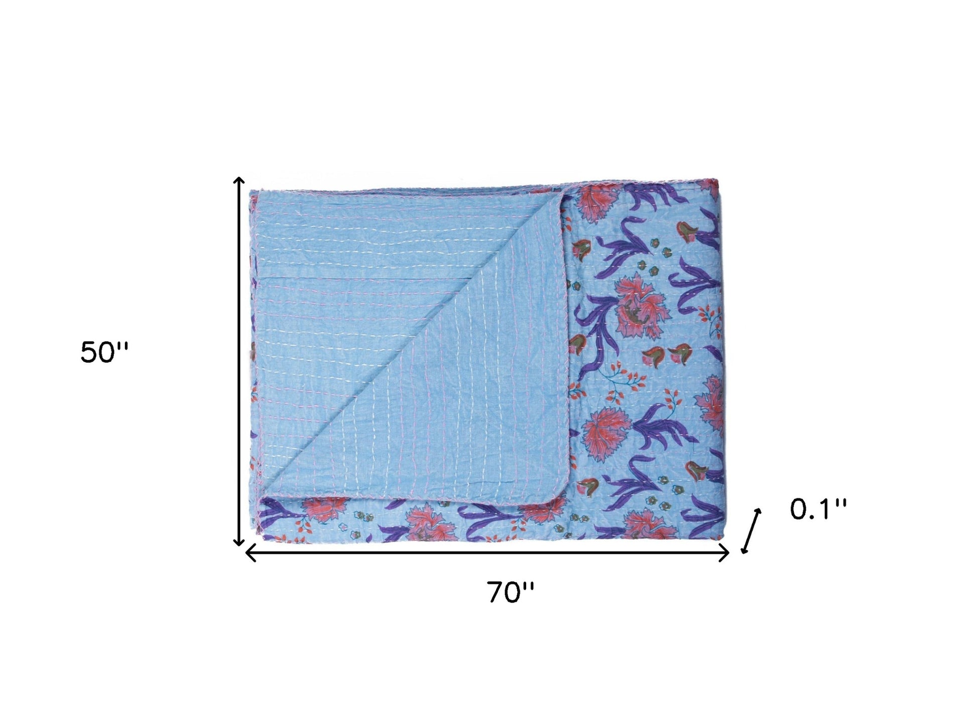 50" X 70" Blue and Purple Kantha Cotton Floral Throw Blanket with Embroidery-Throws & Blankets-DECOROLALA