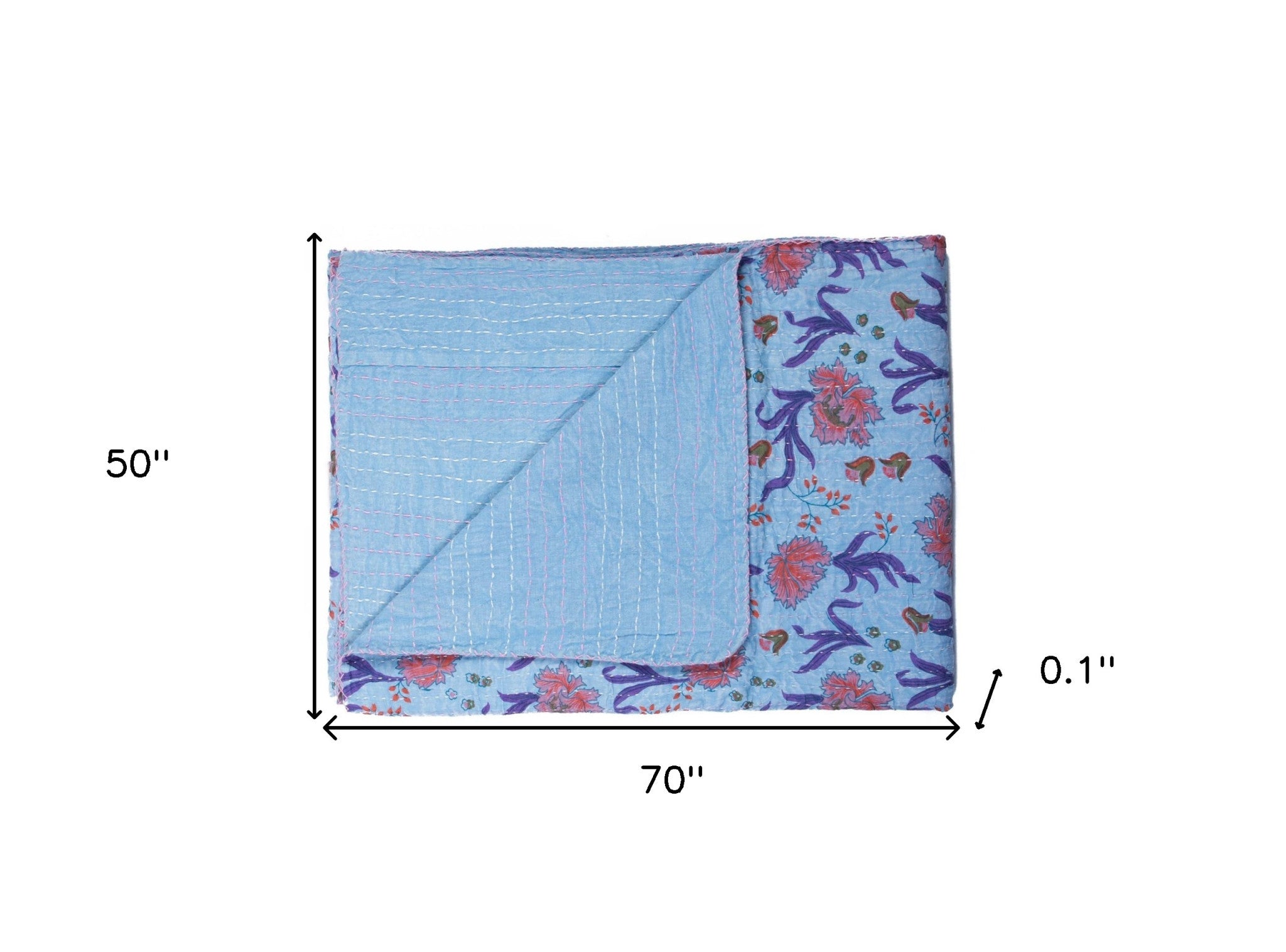 50" X 70" Blue and Purple Kantha Cotton Floral Throw Blanket with Embroidery-Throws & Blankets-DECOROLALA
