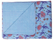 50" X 70" Blue and Purple Kantha Cotton Floral Throw Blanket with Embroidery-Throws & Blankets-DECOROLALA