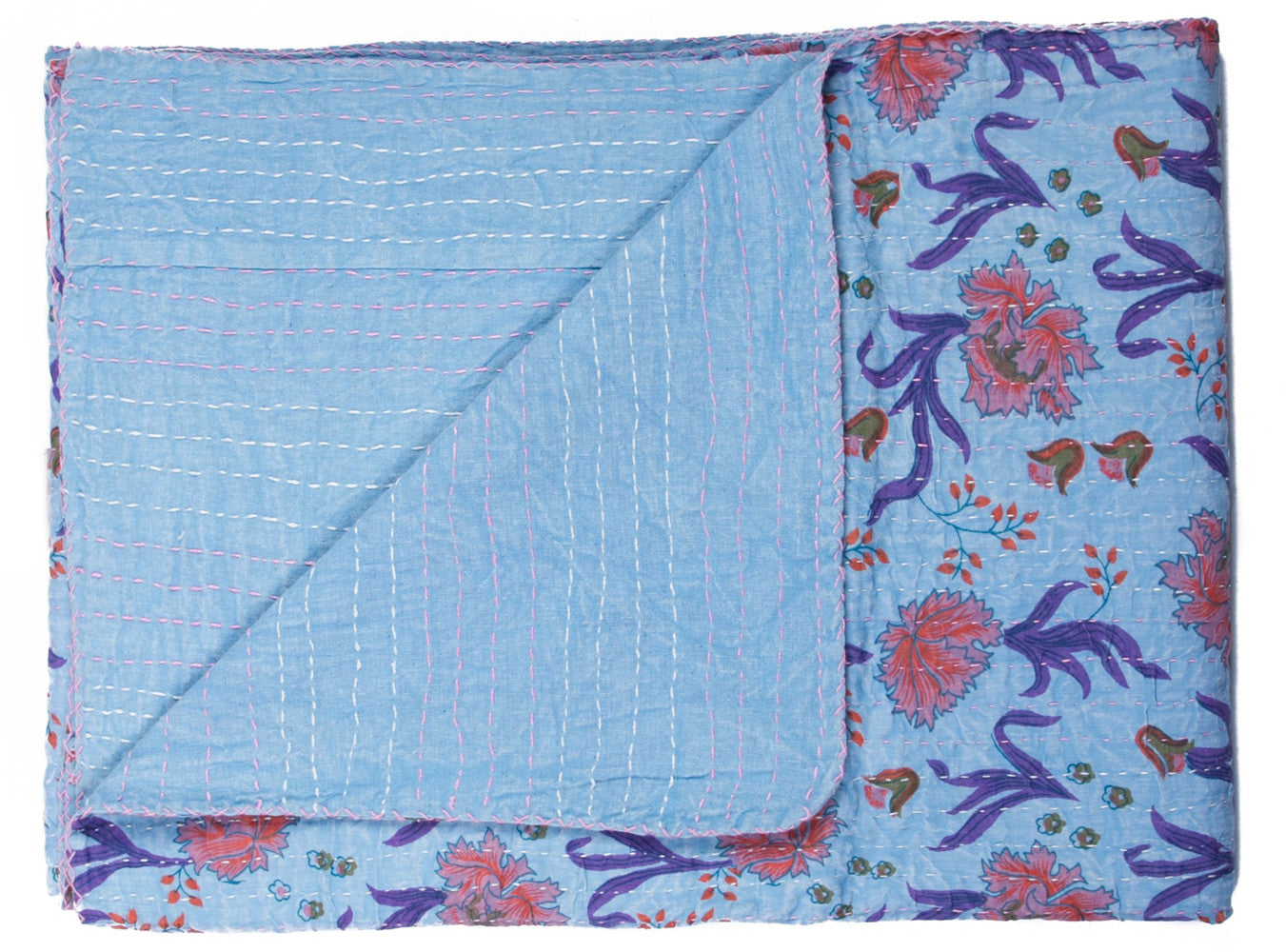 50" X 70" Blue and Purple Kantha Cotton Floral Throw Blanket with Embroidery-Throws & Blankets-DECOROLALA