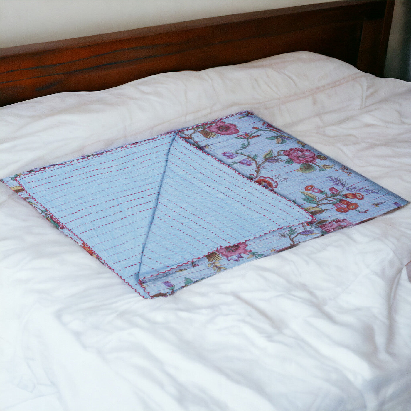 50" X 70" Blue and Red Kantha Cotton Floral Throw Blanket with Embroidery-Throws & Blankets-DECOROLALA