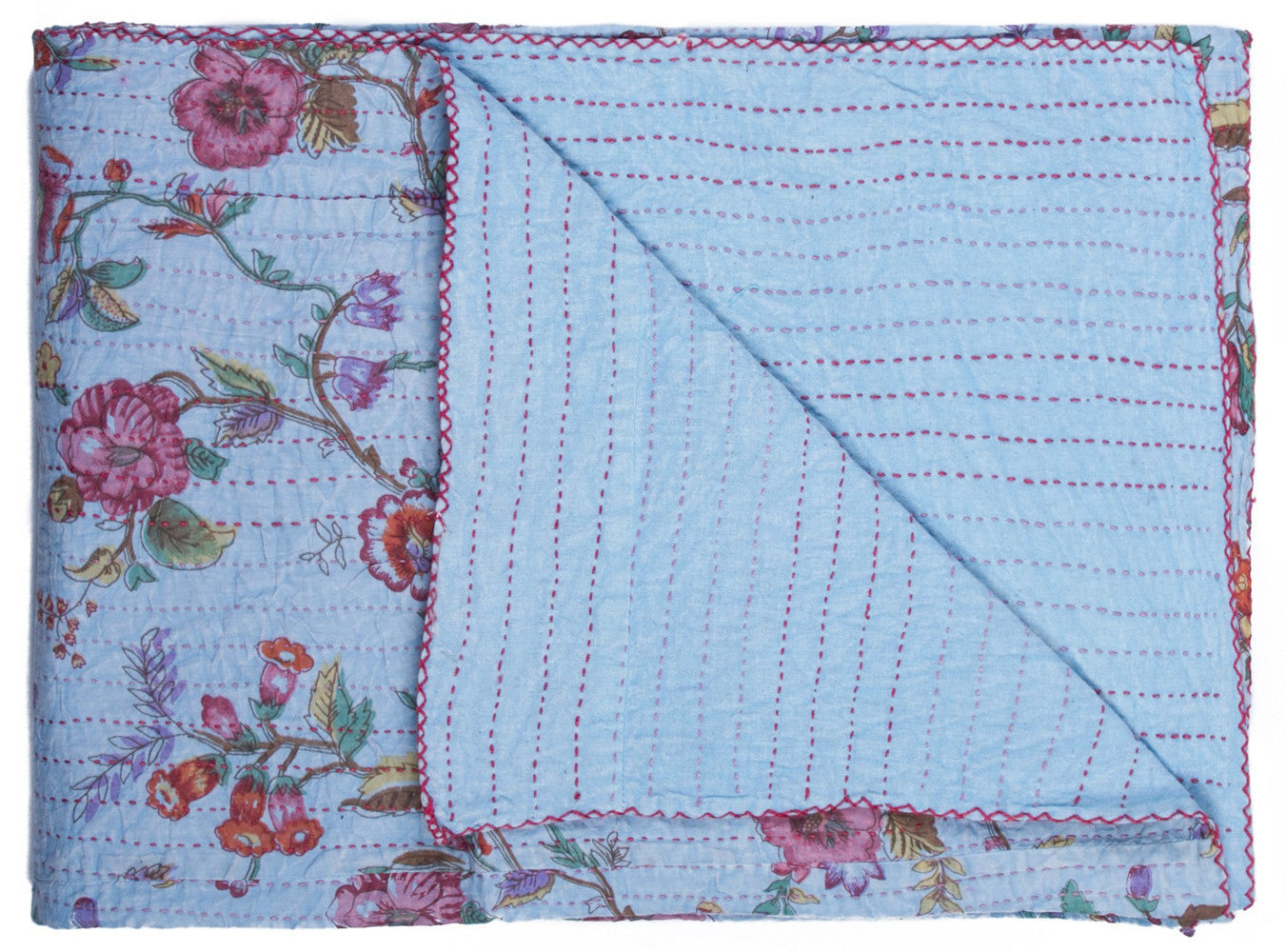 50" X 70" Blue and Red Kantha Cotton Floral Throw Blanket with Embroidery-Throws & Blankets-DECOROLALA