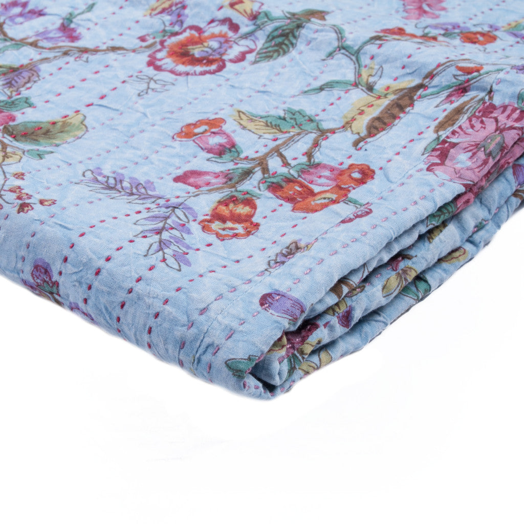 50" X 70" Blue and Red Kantha Cotton Floral Throw Blanket with Embroidery-Throws & Blankets-DECOROLALA