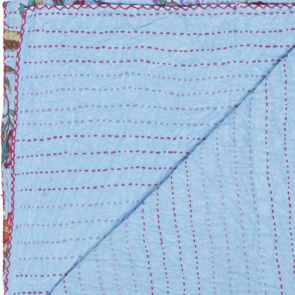 50" X 70" Blue and Red Kantha Cotton Floral Throw Blanket with Embroidery-Throws & Blankets-DECOROLALA
