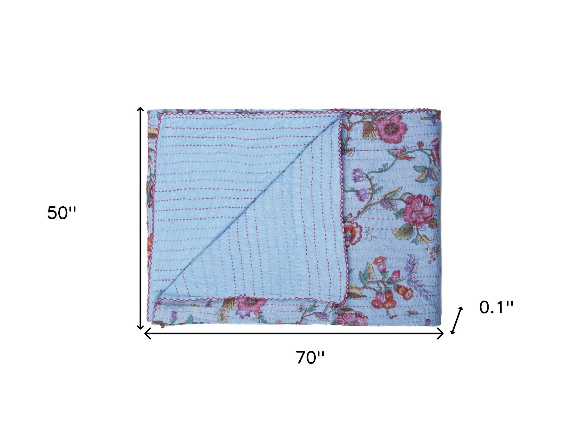 50" X 70" Blue and Red Kantha Cotton Floral Throw Blanket with Embroidery-Throws & Blankets-DECOROLALA