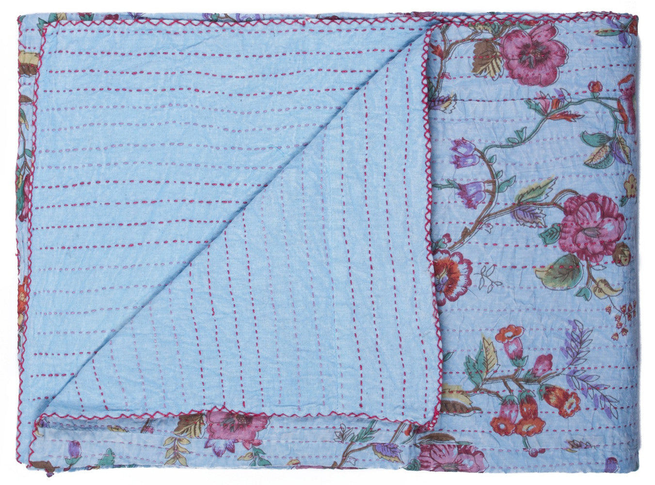 50" X 70" Blue and Red Kantha Cotton Floral Throw Blanket with Embroidery-Throws & Blankets-DECOROLALA