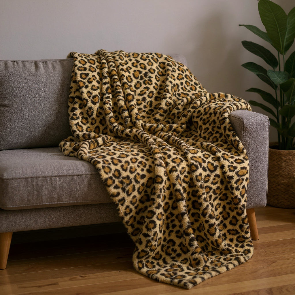 50" X 70" Brown and Black Faux Fur Leopard Plush Throw Blanket-Throws & Blankets-DECOROLALA