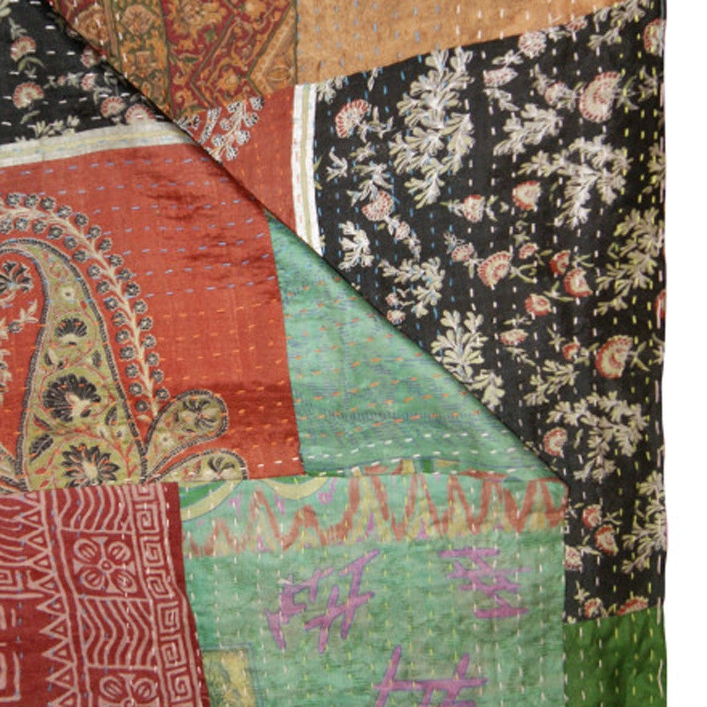 50" X 70" Burgundy and Brown Quilted Cotton Patchwork Throw Blanket with Embroidery-Throws & Blankets-DECOROLALA