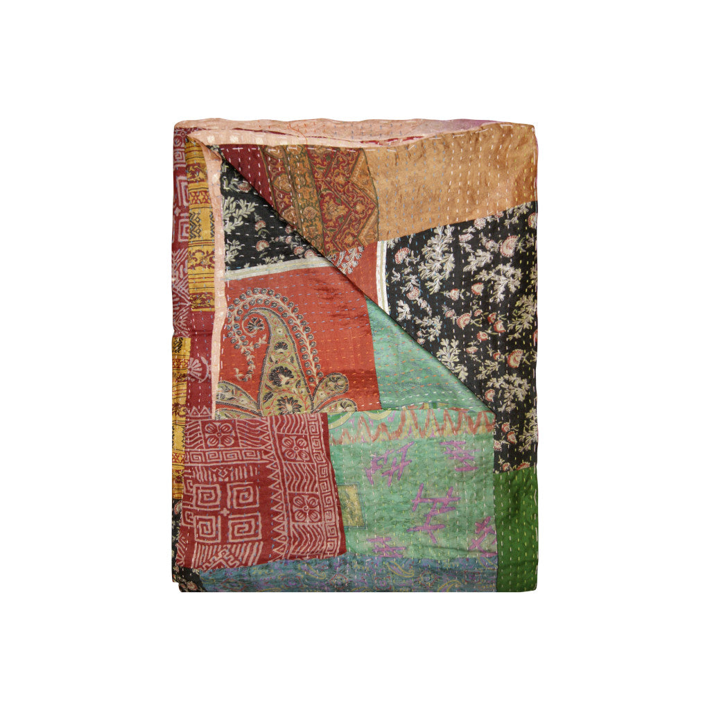 50" X 70" Burgundy and Brown Quilted Cotton Patchwork Throw Blanket with Embroidery-Throws & Blankets-DECOROLALA