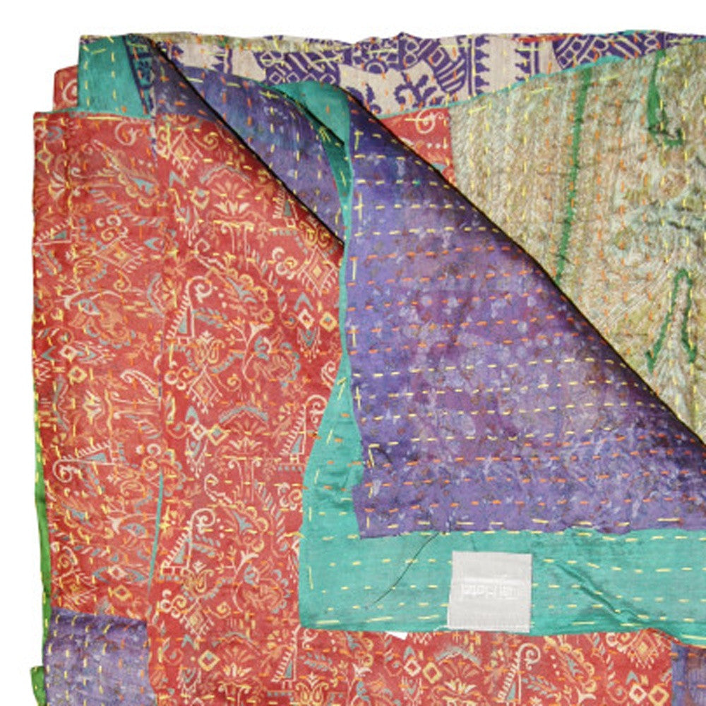 50" X 70" Burgundy and Brown Quilted Cotton Patchwork Throw Blanket with Embroidery-Throws & Blankets-DECOROLALA