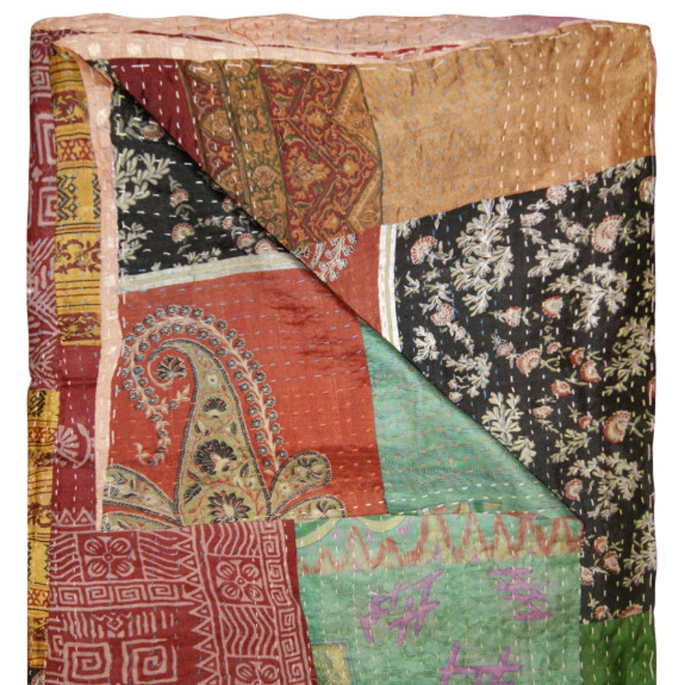 50" X 70" Burgundy and Brown Quilted Cotton Patchwork Throw Blanket with Embroidery-Throws & Blankets-DECOROLALA