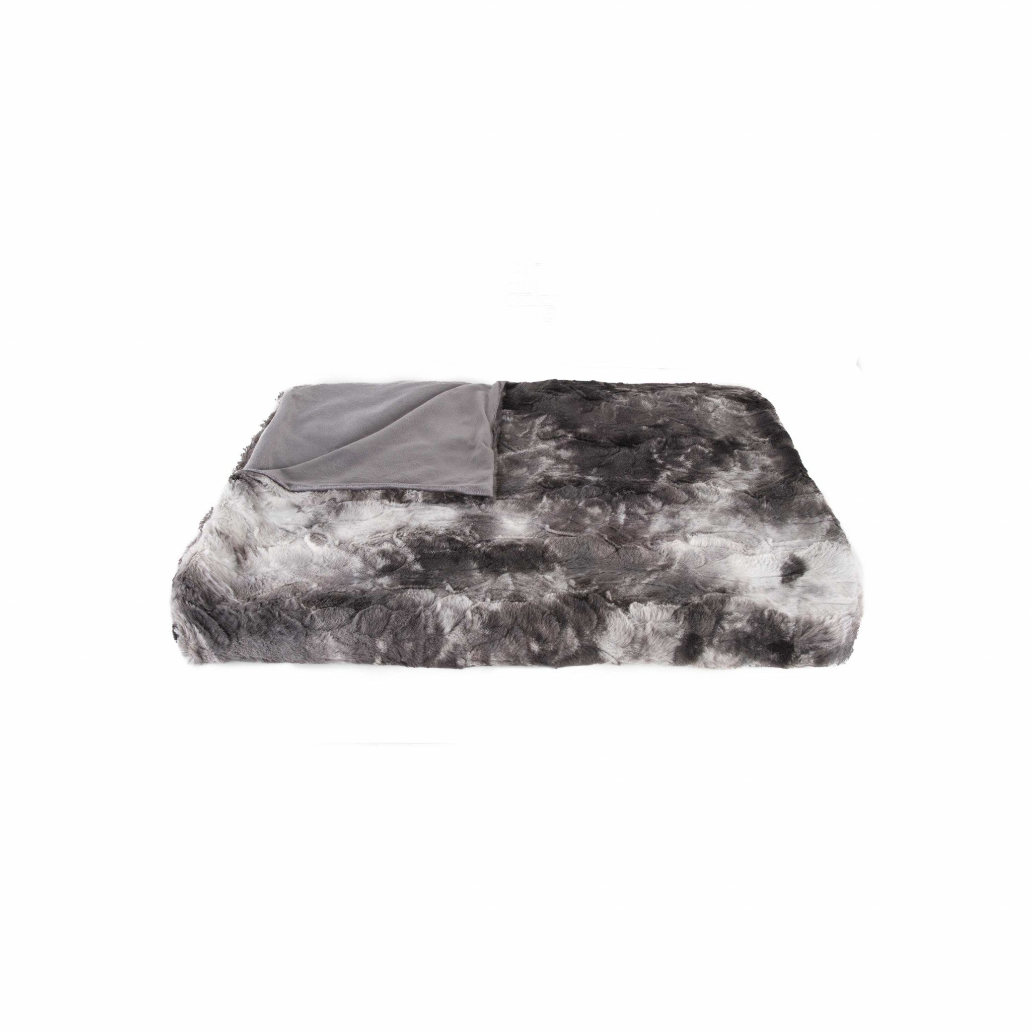 50" X 70" Dark Gray and Ivory Faux Fur Plush Throw Blanket-Throws & Blankets-DECOROLALA