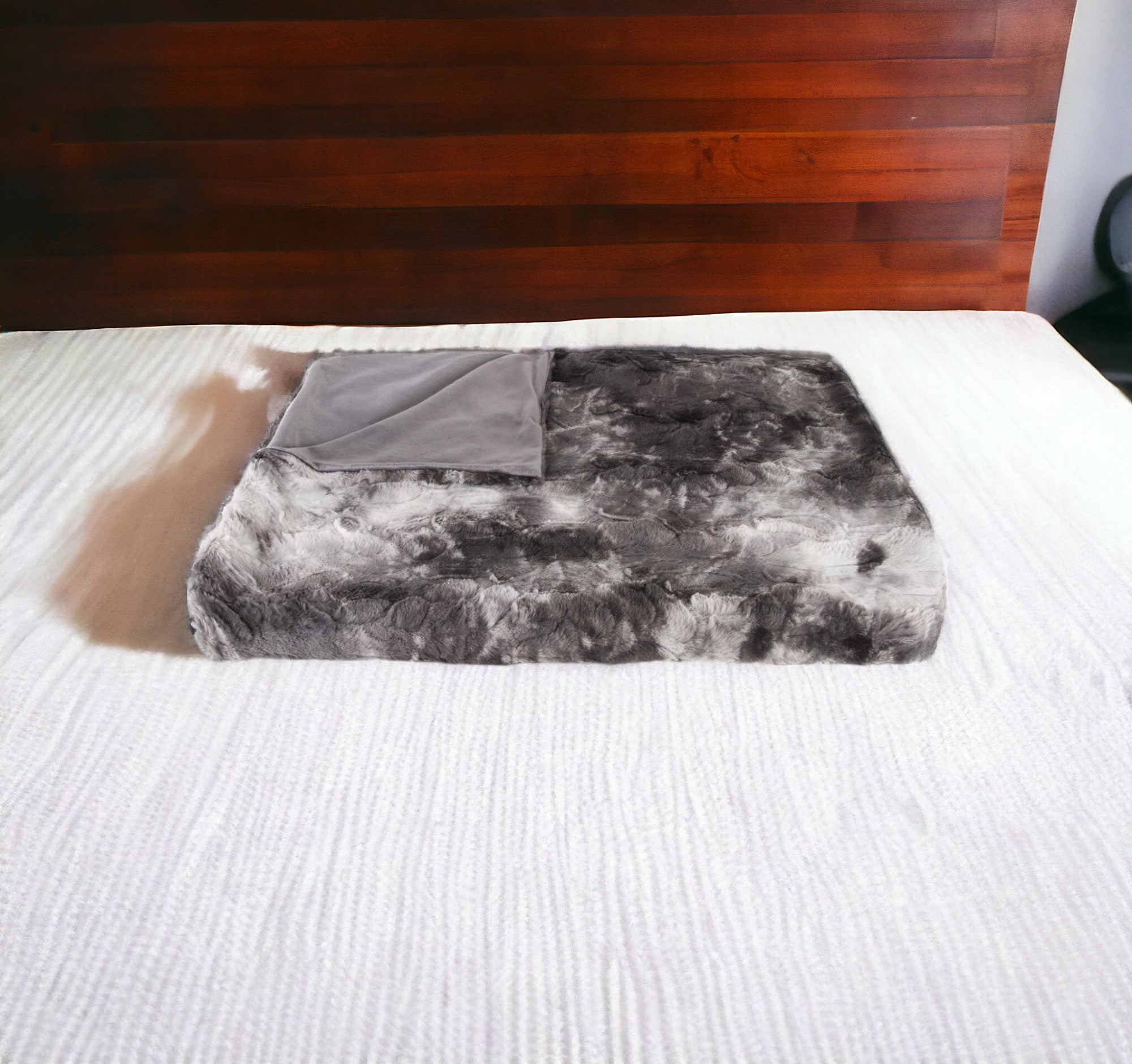 50" X 70" Dark Gray and Ivory Faux Fur Plush Throw Blanket-Throws & Blankets-DECOROLALA