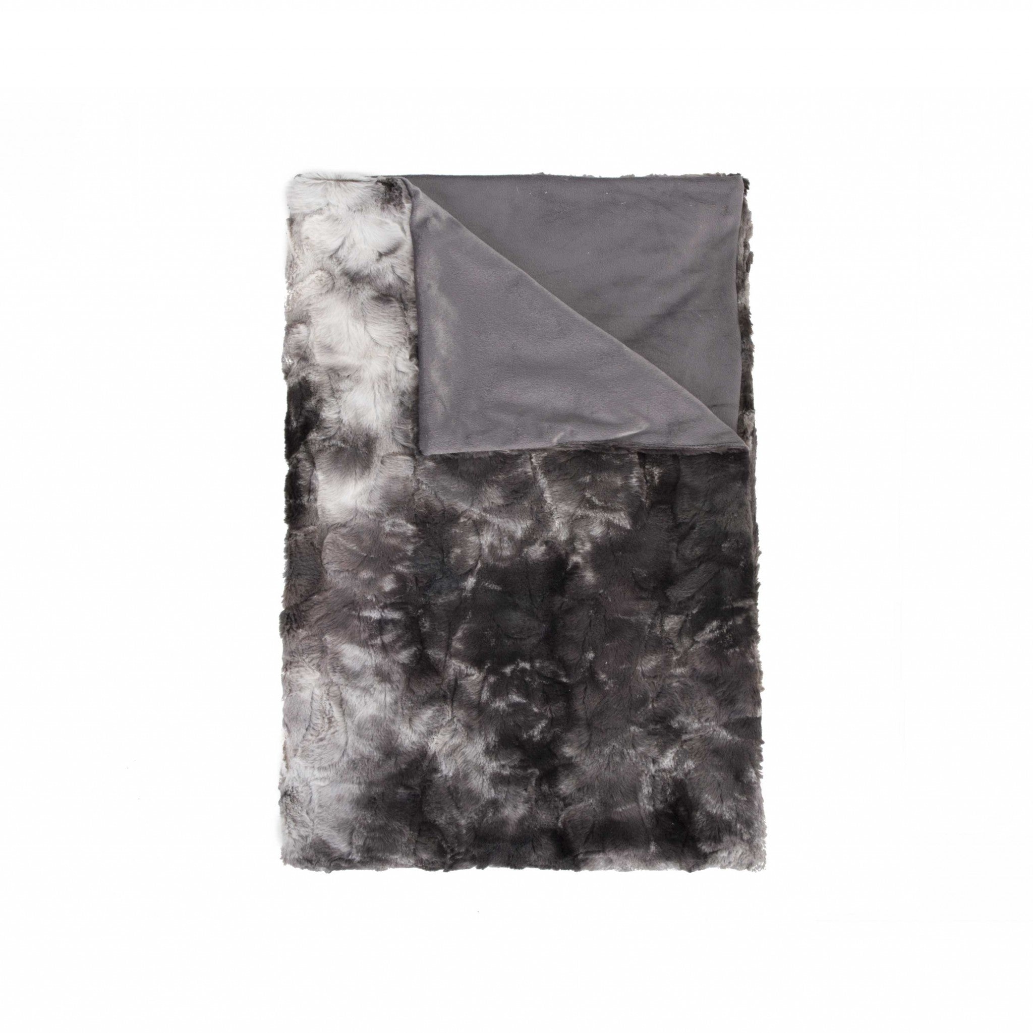 50" X 70" Dark Gray and Ivory Faux Fur Plush Throw Blanket-Throws & Blankets-DECOROLALA