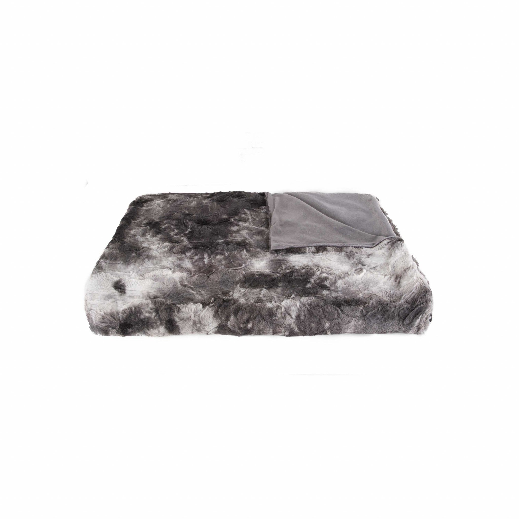 50" X 70" Dark Gray and Ivory Faux Fur Plush Throw Blanket-Throws & Blankets-DECOROLALA