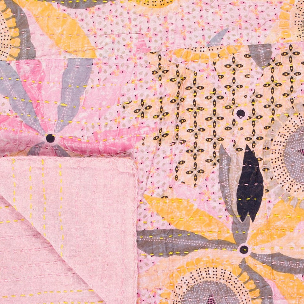 50" X 70" Gray and Pink Kantha Cotton Floral Throw Blanket with Embroidery-Throws & Blankets-DECOROLALA