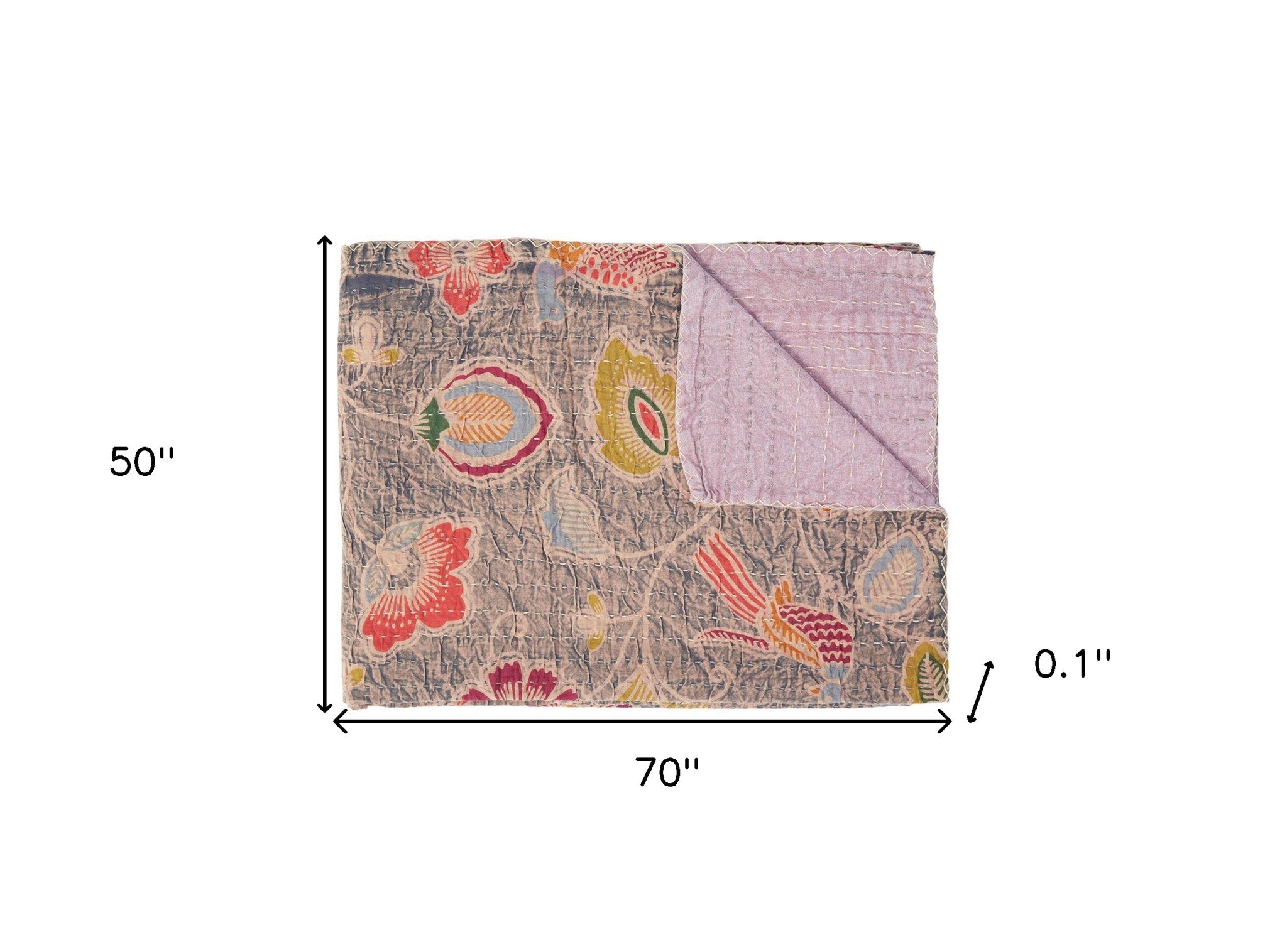 50" X 70" Gray and Pink Kantha Cotton Floral Throw Blanket with Embroidery-Throws & Blankets-DECOROLALA