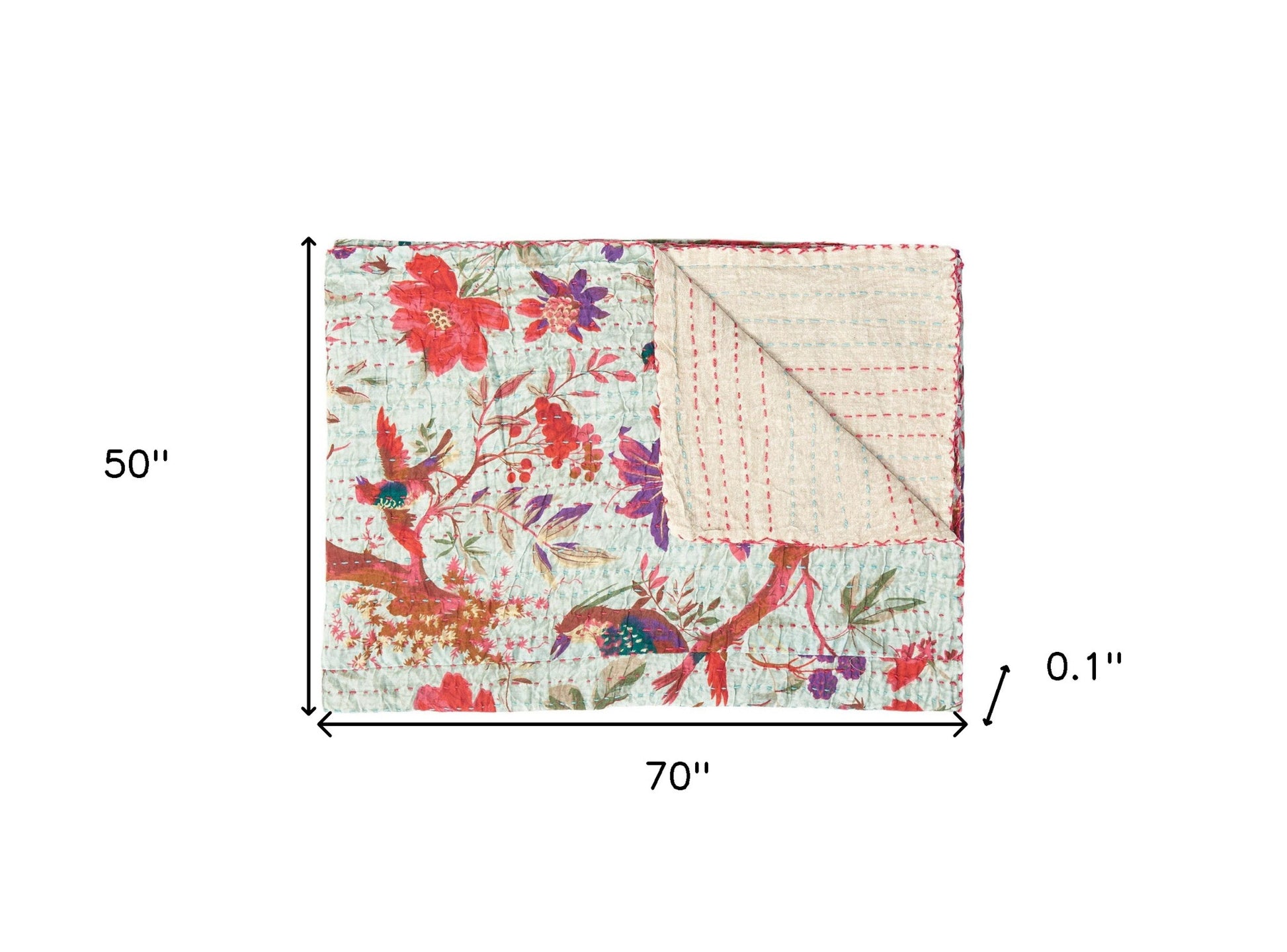 50" X 70" Gray and Pink Kantha Cotton Floral Throw Blanket with Embroidery-Throws & Blankets-DECOROLALA