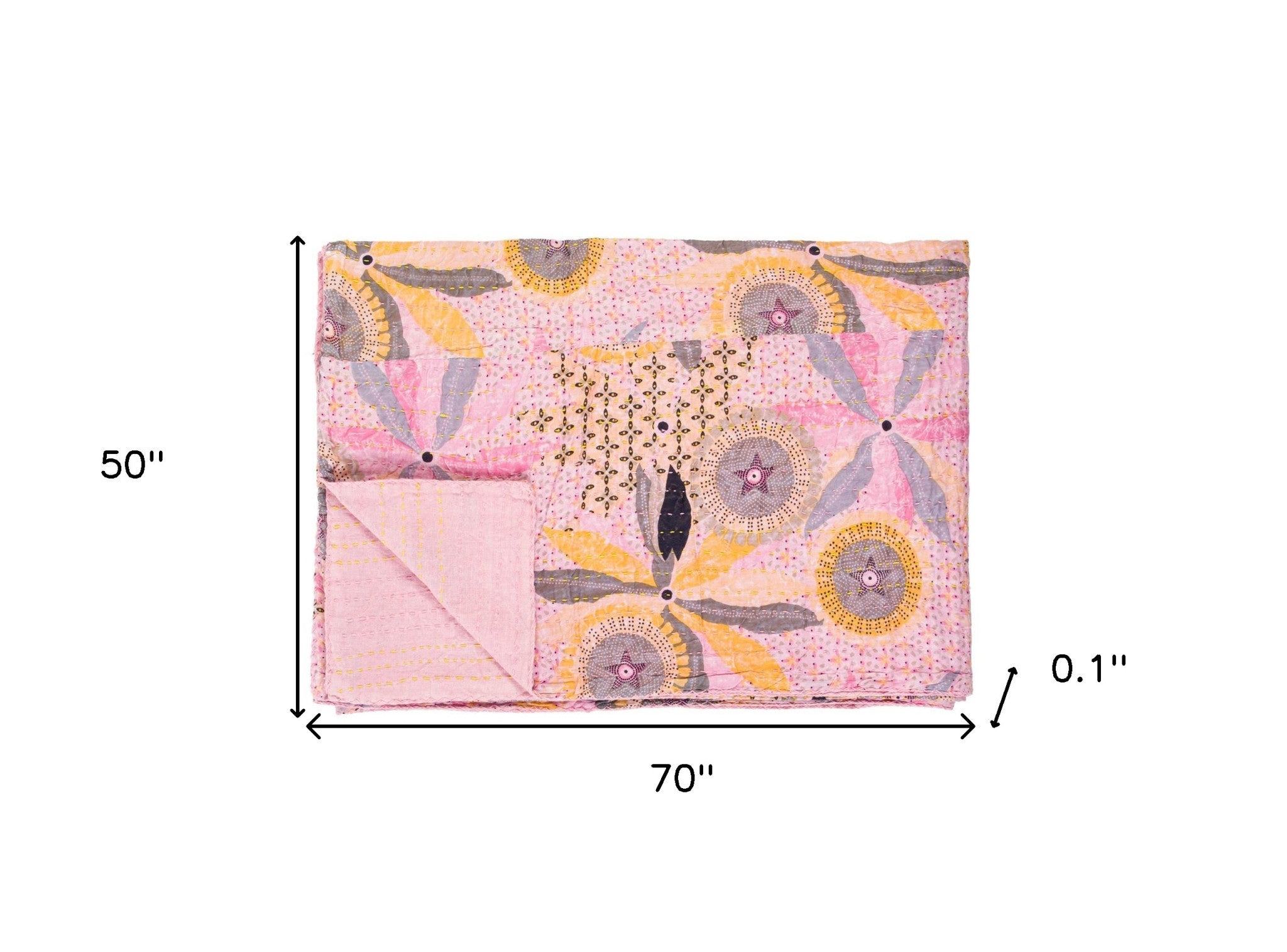 50" X 70" Gray and Pink Kantha Cotton Floral Throw Blanket with Embroidery-Throws & Blankets-DECOROLALA