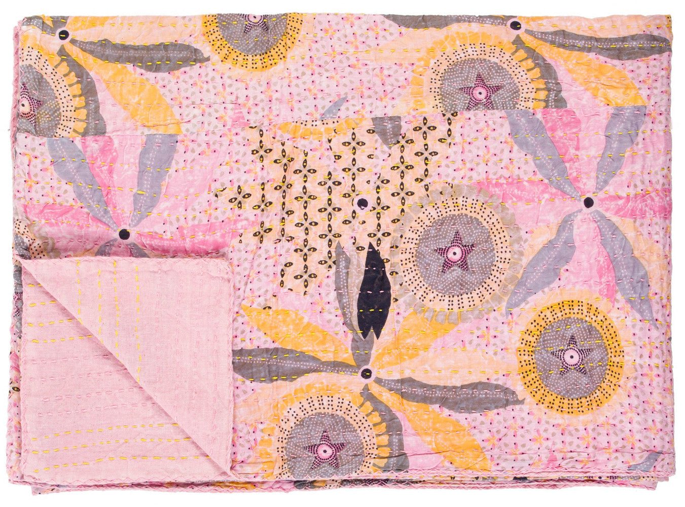 50" X 70" Gray and Pink Kantha Cotton Floral Throw Blanket with Embroidery-Throws & Blankets-DECOROLALA