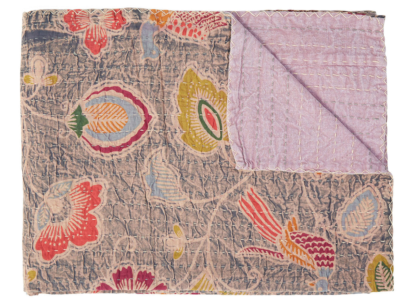 50" X 70" Gray and Pink Kantha Cotton Floral Throw Blanket with Embroidery-Throws & Blankets-DECOROLALA