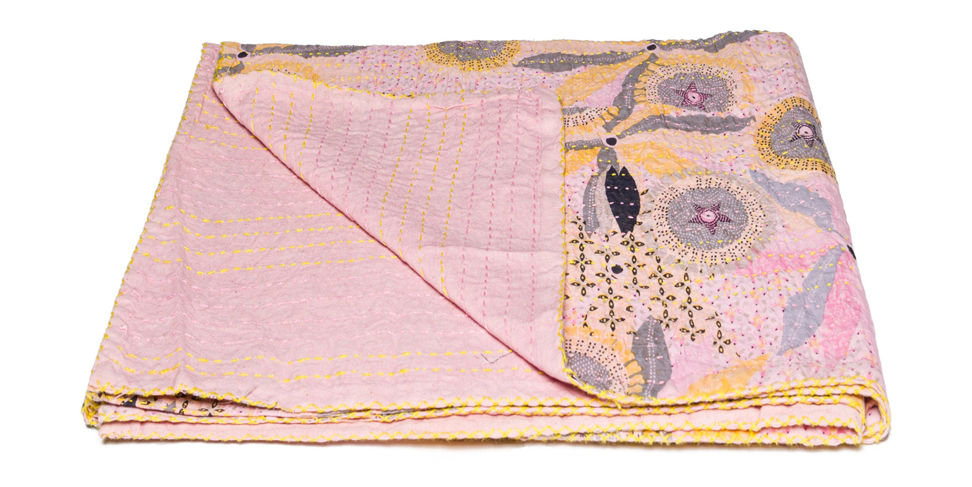 50" X 70" Gray and Pink Kantha Cotton Floral Throw Blanket with Embroidery-Throws & Blankets-DECOROLALA