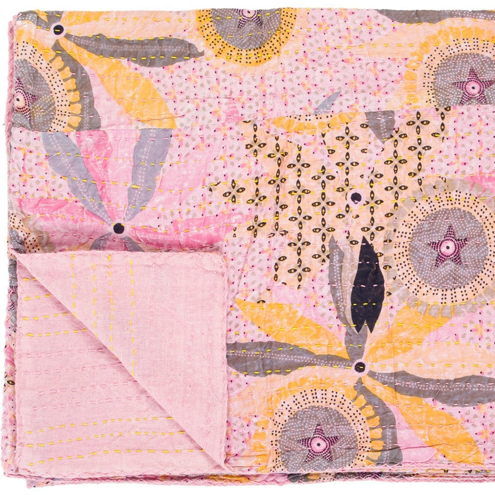 50" X 70" Gray and Pink Kantha Cotton Floral Throw Blanket with Embroidery-Throws & Blankets-DECOROLALA