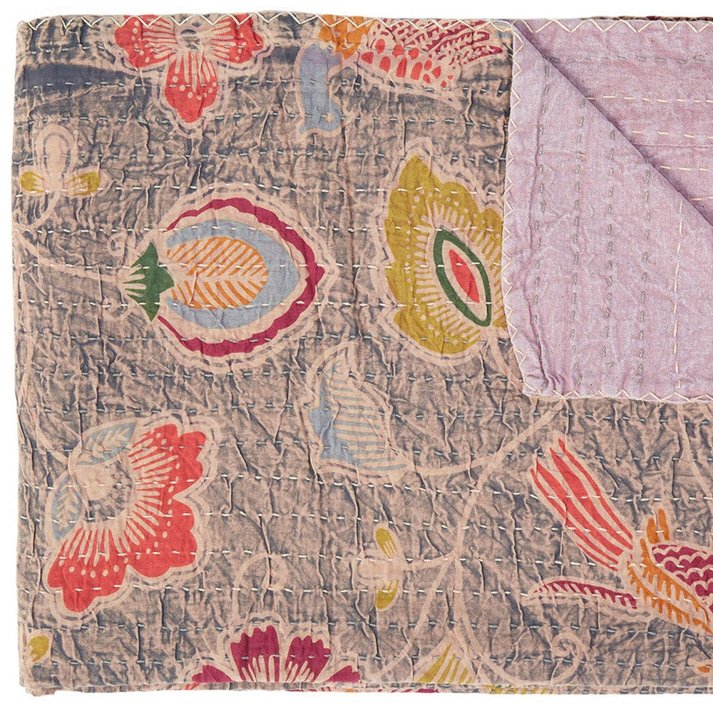 50" X 70" Gray and Pink Kantha Cotton Floral Throw Blanket with Embroidery-Throws & Blankets-DECOROLALA