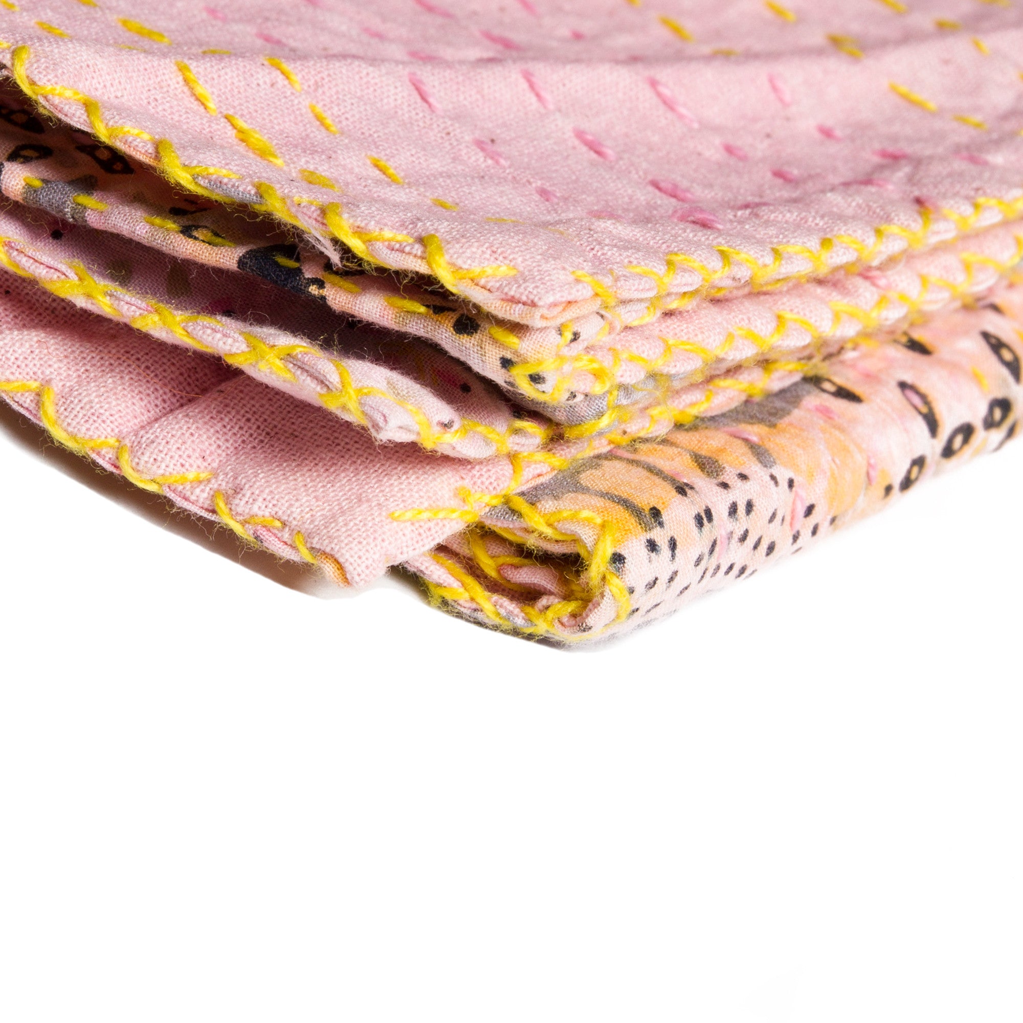 50" X 70" Gray and Pink Kantha Cotton Floral Throw Blanket with Embroidery-Throws & Blankets-DECOROLALA