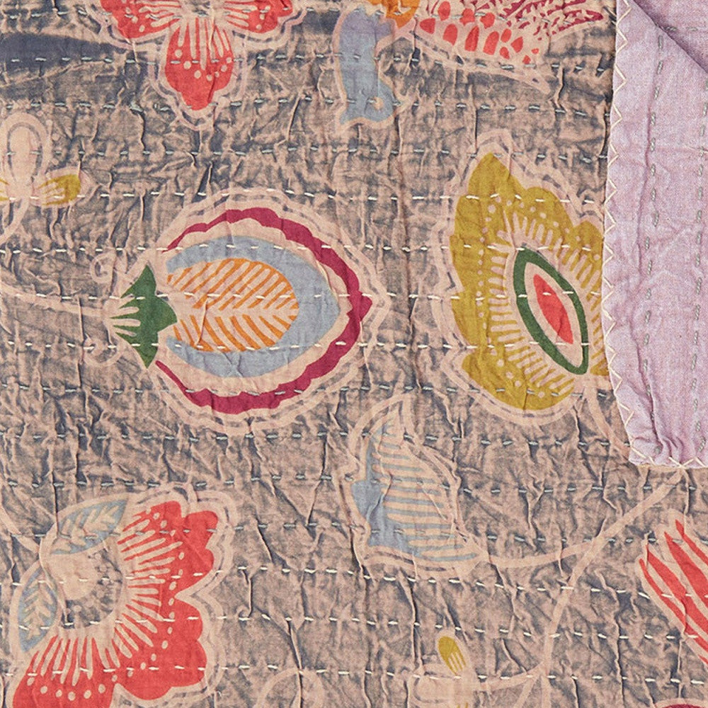 50" X 70" Gray and Pink Kantha Cotton Floral Throw Blanket with Embroidery-Throws & Blankets-DECOROLALA