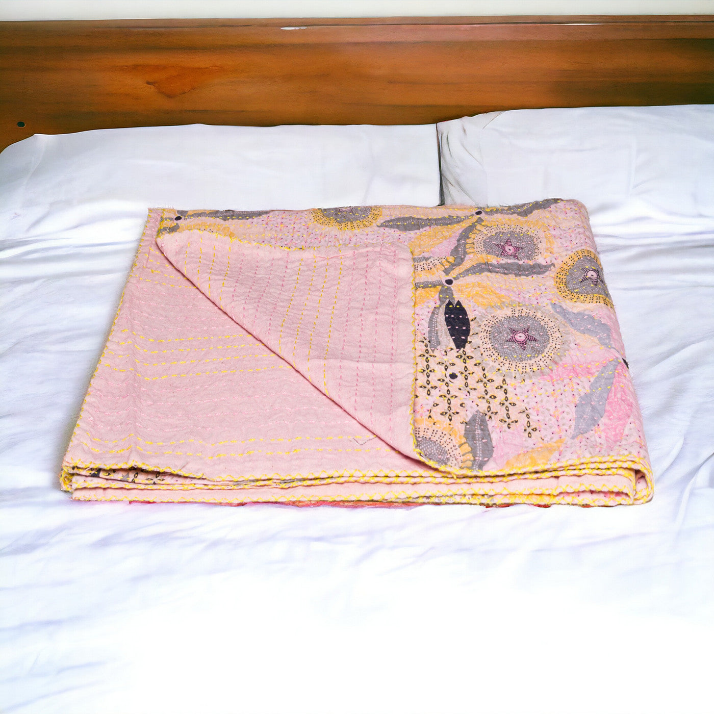 50" X 70" Gray and Pink Kantha Cotton Floral Throw Blanket with Embroidery-Throws & Blankets-DECOROLALA