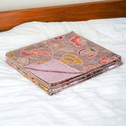 50" X 70" Gray and Pink Kantha Cotton Floral Throw Blanket with Embroidery-Throws & Blankets-DECOROLALA