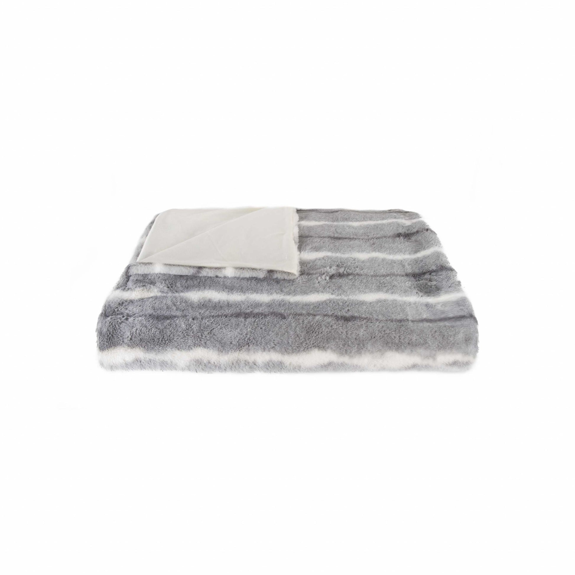 50" X 70" Gray and White Faux Fur Striped Plush Throw Blanket-Throws & Blankets-DECOROLALA