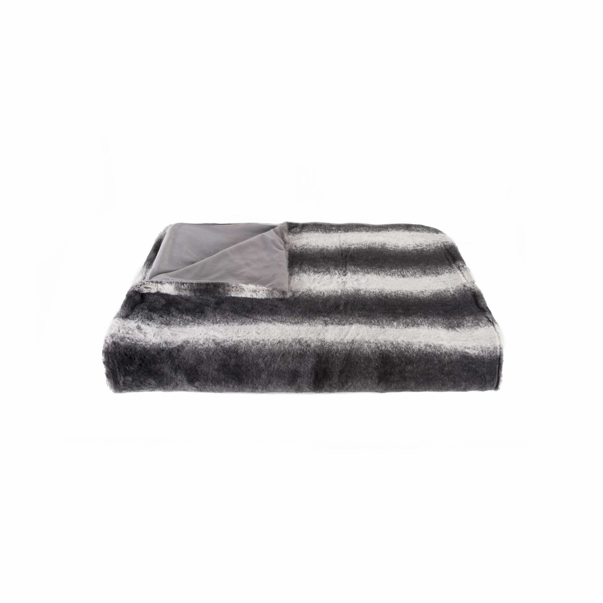 50" X 70" Gray and White Faux Fur Striped Plush Throw Blanket-Throws & Blankets-DECOROLALA